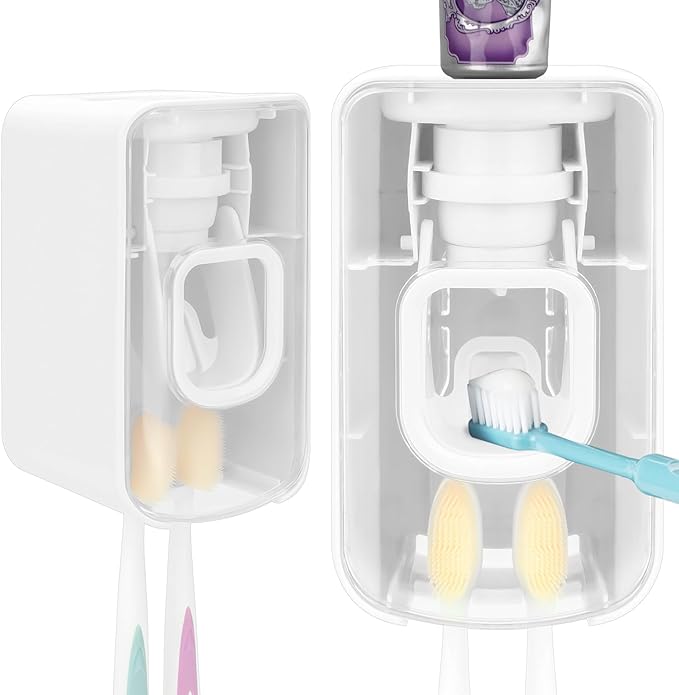 2 Slot Toothbrush Holder and Toothpaste Dispenser Wall Mounted, Automatic Toothpaste Squeezer, 2 in 1 Tooth Brush Toothpaste Organizer for Shower (Clear 2Pack)