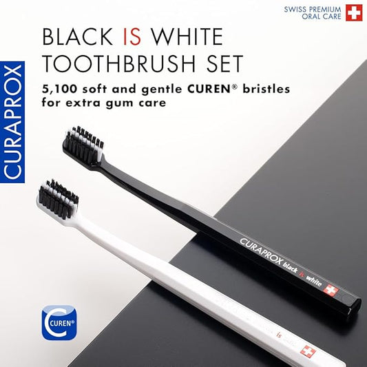 Curaprox Toothbrush Duo – for Adults | Stylish Black & White Ultra-Soft toothbrushes | Whitening-Friendly | Black/White | 2-Pack