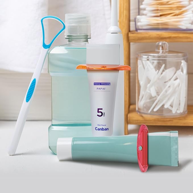 5Pcs Plastic Tooth Paste Tube Squeezer Dispenser, Hanging Roller Tube Squeezer Holder for Saving Toothpaste Creams, Facial Cleanser and Paint, Kid-Friendly Bathroom Accessory (Transparent)