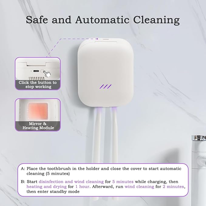 Toothbrush Holder, Toothbrush Cleaner Case, Portable USB Charging Toothbrush Cover with U V-C Light, Travel Toothbrush Holder (White-Double)
