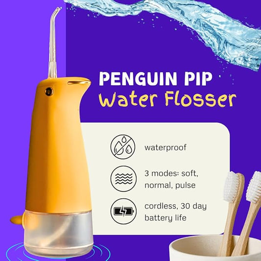 Penguin Pip Kids' Premium Water Dental Flosser Cordless for Teeth, 3 Modes Dental Oral Irrigator, Soft Normal Pulse, Beginners, Braces, Robust Antislip IPX7 Waterproof Powerful Battery Life