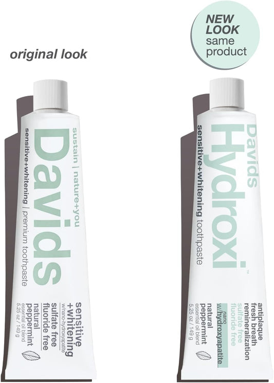 Davids Hydroxi Fluoride Free Nano Hydroxyapatite Toothpaste for Remineralizing Enamel & Sensitive Relief, Whitening, Antiplaque, SLS Free, Natural Peppermint, 5.25oz, Made in USA