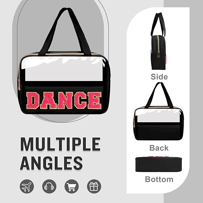 Dance Bag for Girls Chenille Letter Clear Makeup DANCE Stuff Bag,Toddler Dance Recital Gifts Ballet Cosmetic Zipper with Handle,Dance Competition Must Haves Accessories Toiletry Storage(DANCE-Black)