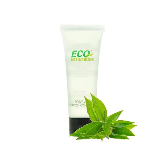 ECO Amenities Travel Size 1oz Body Wash (BULK 200 Pack) - 30ml Bulk Hotel Body Wash Supplies for Guests - Green Tea Scent Eco body wash for woman, Body wash for men, Biodegradable Container