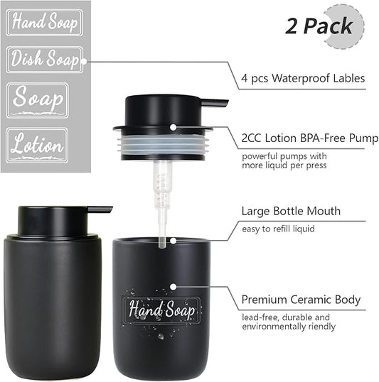 BosilunLife Black Soap Dispenser Set - 2 Pack 12oz Ceramic Dish Soap Dispenser with Rust Proof Pump for Kitchen, Hand Soap and Lotion Set Suitable for Farmhouse Bathroom Decor with Waterproof Labels
