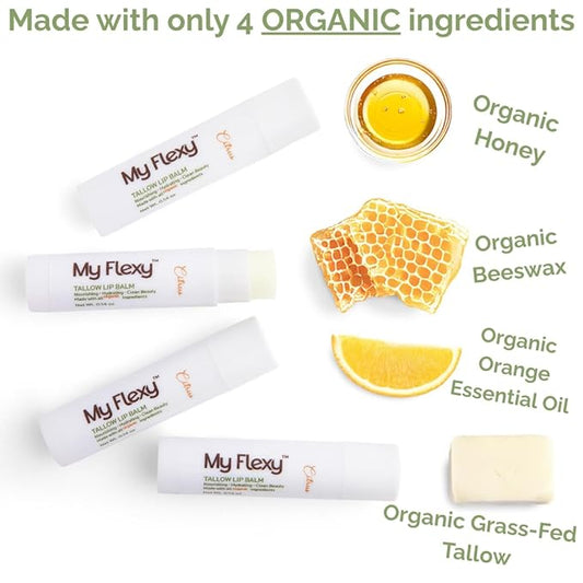 100% Organic Lip Balm Hydrating, Grass-Fed Beef Tallow Lip Balm, Made with Pasture Raised Tallow, Honey, Beeswax, & Orange Essential Oil, Lip Balms & Moisturizers - Bulk Pack of 3