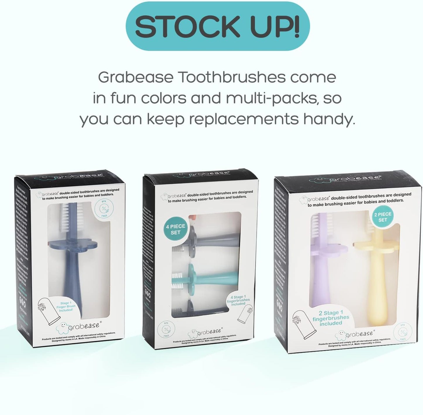 grabease Toddler Toothbrush - Double-Sided Soft Silicone Bristles & Anti-Choke Shield - Baby Toothbrush & Finger Brush for 12+ Months - Navy, 1 Count