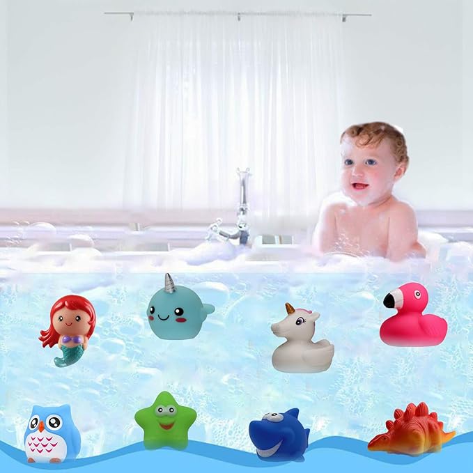 Bath Toys (8 Packs Rubber Animals Toys) Light Up Floating Rubber Toys Flashing Color Changing Light in Water Bathtub Shower Games Toy for Baby Kids Toddler Child