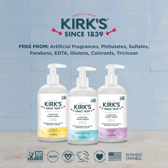 Kirk's Hydrating Hand Wash - Made with Coconut Oil and Aloe Vera, With Odor Neutralizing Technology To Help Eliminate Odors, Non-GMO, Vegan, Rosemary & Sage, 12 Fl Oz. 4 pack