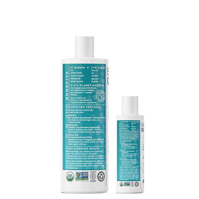 Essential Oxygen BR Certified Organic Brushing Rinse, All Natural Mouthwash for Whiter Teeth, Fresher Breath, and Happier Gums, Alcohol-Free Oral Care, Wintergreen, 2 Piece Set, 16 Oz