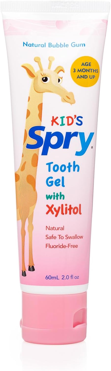 Spry Natural Xylitol Toothpaste for Baby, Toddler and Kids Age 3 Months and Up - Fluoride Free Tooth Gel, Tasty, Support Development of Emerging Teeth, Bubble Gum 2 Fl Oz (Pack of 2)