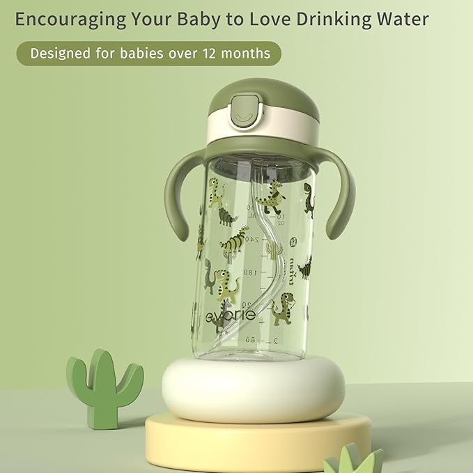 Evorie Tritan Spill Proof Toddler Straw Sippy Cup, 10 oz for Baby and Toddlers 1-3 Years Old, No Spill Straw Water Bottle with Removable Handles, Ideal for School, BPA-Free, Green Dino (NEW)