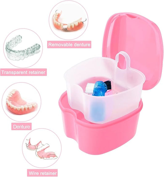 Keedolla Denture Cleaning Case Orthodontic Dental Retainer Container,Denture Holder Case Retainer Soaking Cups for Travel, Camping, Office - Pink