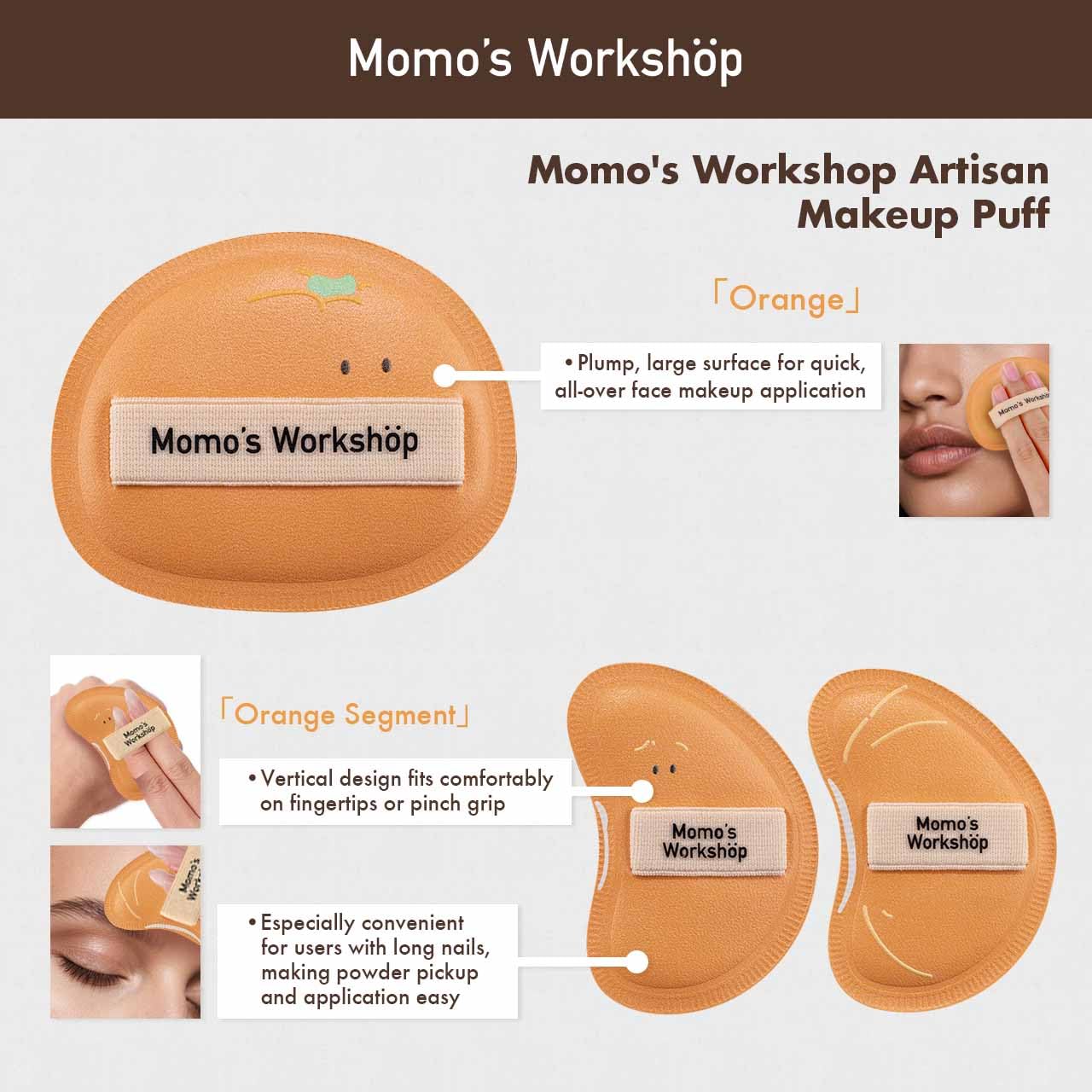 Momo's Workshop Orange Makeup Sponge Set (3pcs) – Large Soft Bounce & Small Firm Bounce PU Leather Puff, Rubycell Blender Sponge for Liquid & Cream Makeup & Storage Case