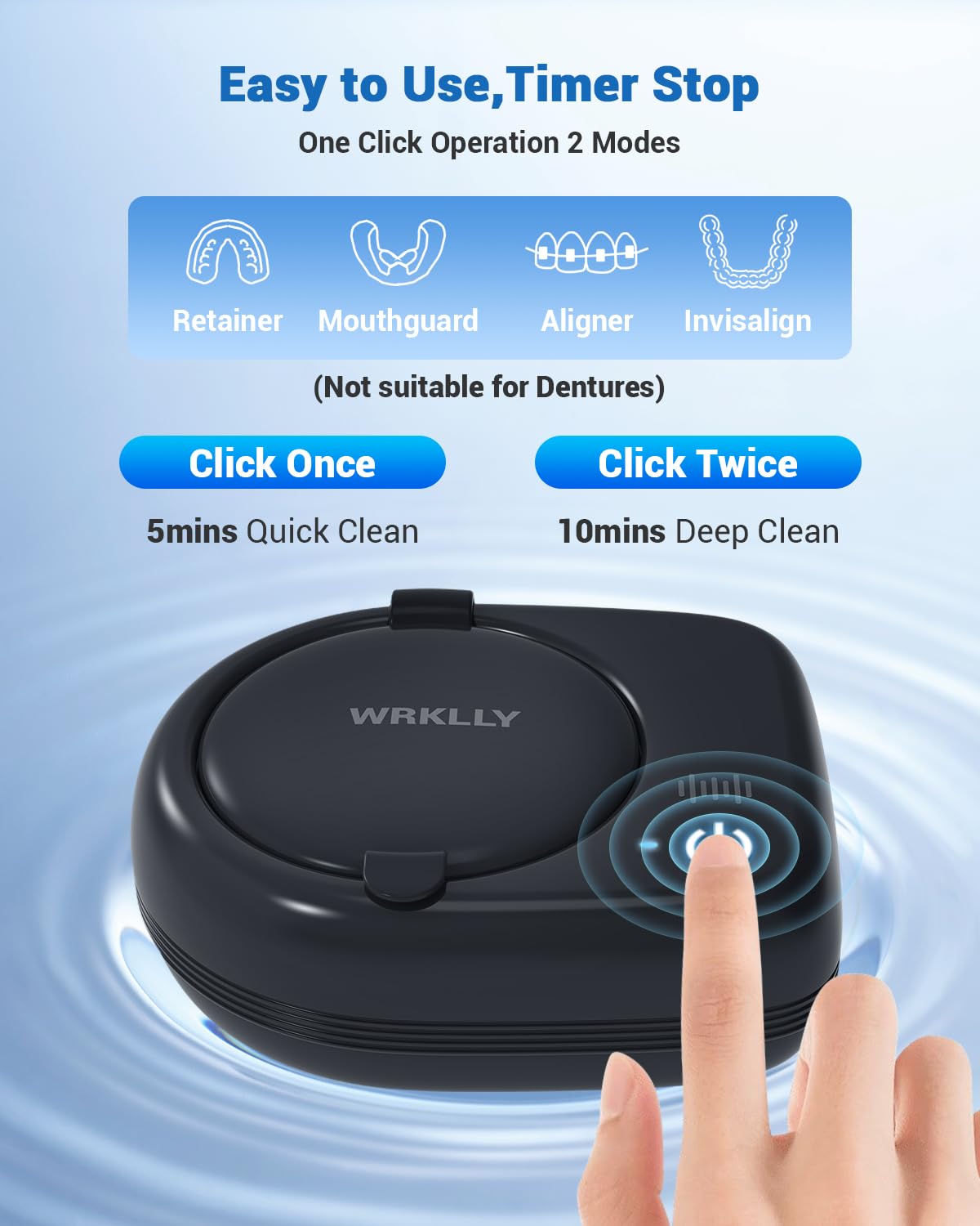 Rechargeable Ultrasonic Retainer Cleaner Machine | 50kHz 1.9 inch Ultra-Thin Portable | Night Guard Aligners Jewelry |6pcs Cleaner Tablets Included | Quick & Deep Clean Modes | Oral Dental Care