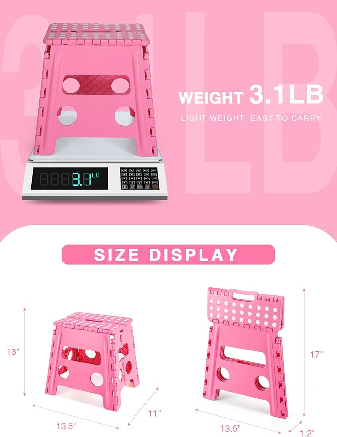 Dyforce Non-Slip Folding Step Stool - 13 inch Height Heavy Duty Foldable Stool for Adults Kids, Plastic Step Stool Camping Stepping Stool - Pink
