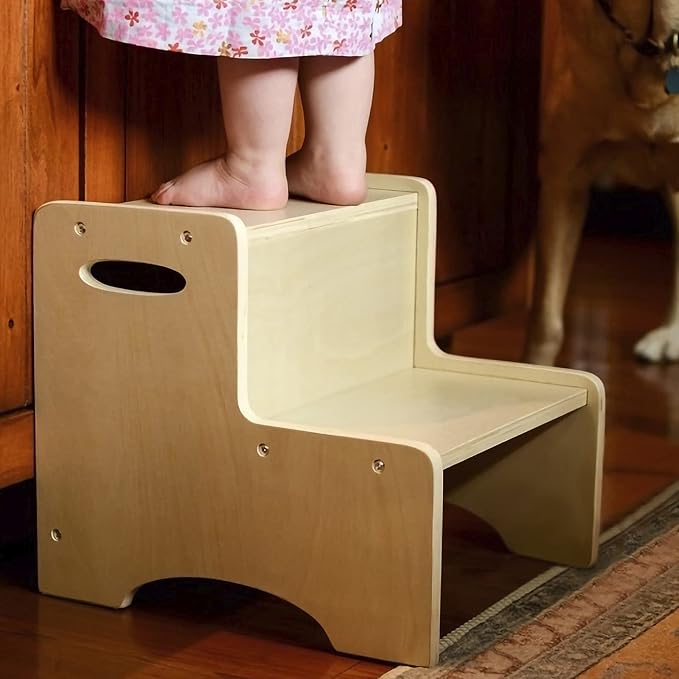 WOOD CITY Wooden Toddler Step Stool for Kids, Bathroom Potty Stool & Kitchen Stool, Natural Two Step Stool for Bedroom, Children's Stool with Handles and Safety Non-Slip Pads