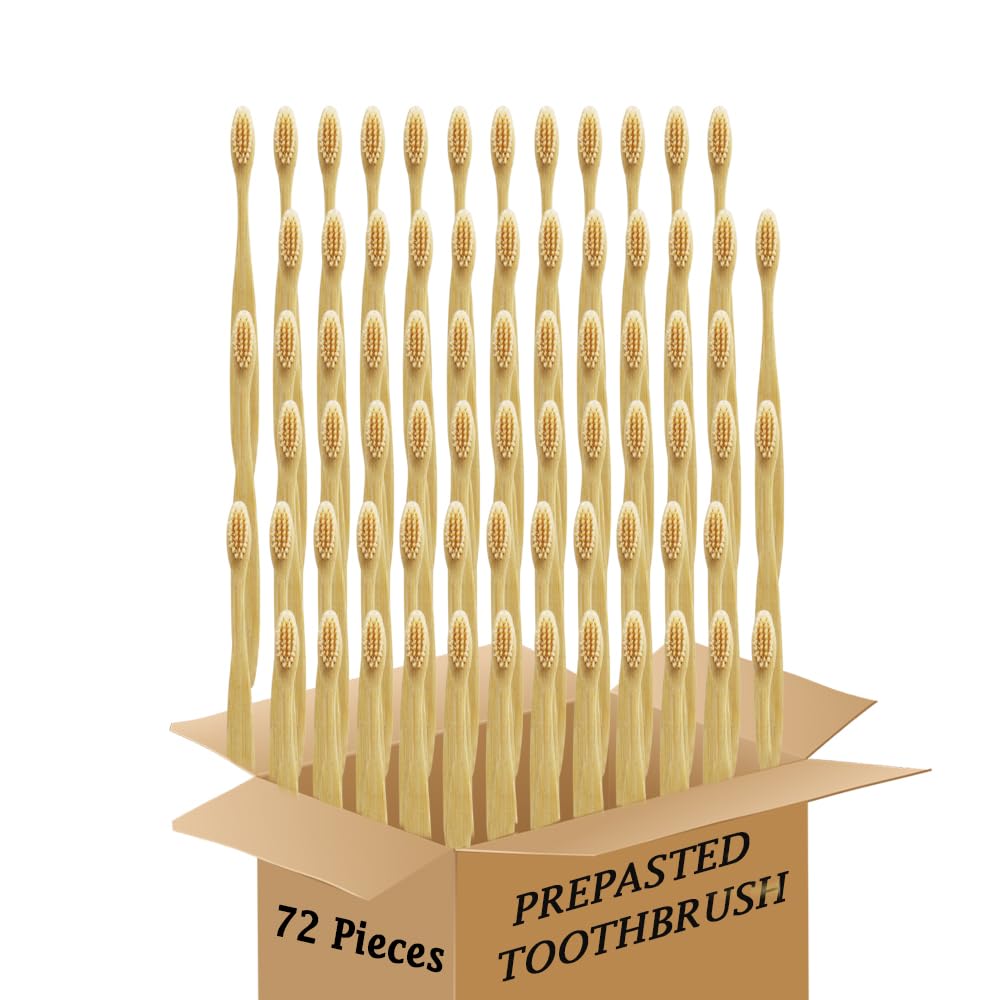 Bamboo Toothbrush Prepasted Disposable Toothbrsuh Soft Bristles Prepasted Toothbrush,Disposable Toothbrsuh (72 Pieces Beige)