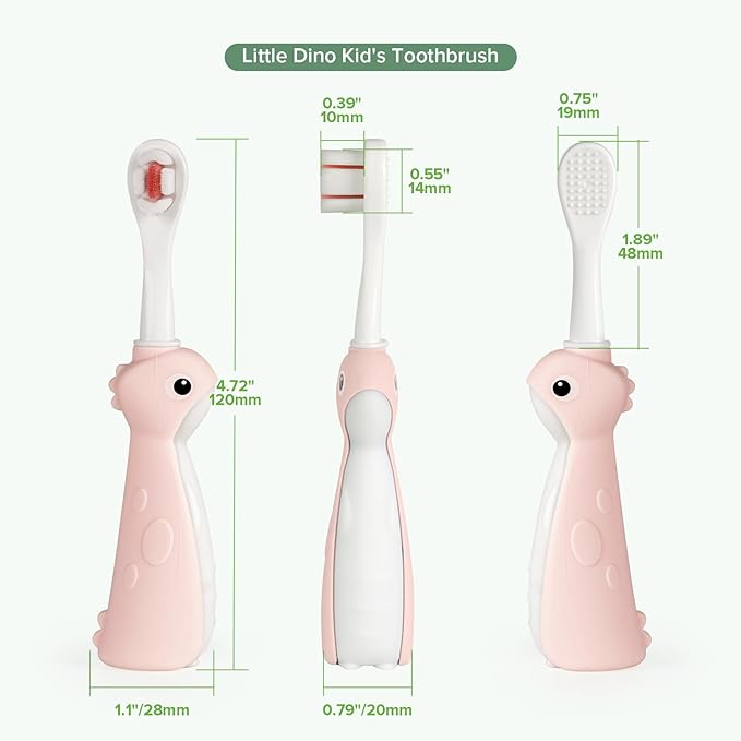 haakaa Dinosaur Toothbrush for Kids 2-4 – Soft Bristles Baby Toothbrush with Silicone Handle, Non-Slip Grip & Tongue Cleaner | BPA-Free, Fun Training for Toddlers - Pink, 1 Count