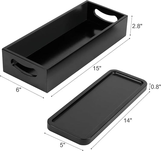 LotFancy Bathroom Decor Box and Vanity Tray, Set of 2, Wooden Toilet Tank Basket Topper, Bathroom Tray for Counter, Black Farmhouse Bathroom Decor