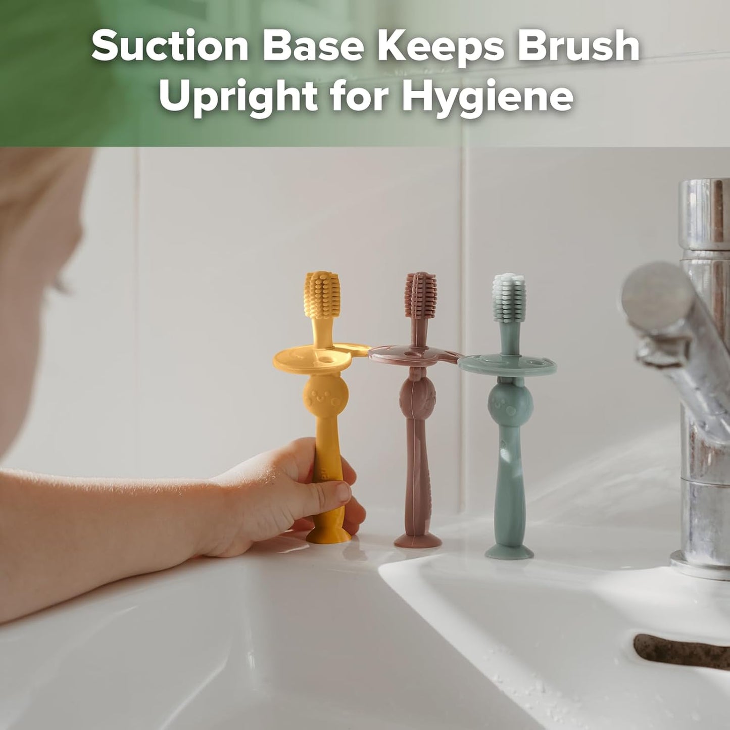 haakaa 360° Baby Toothbrush with Suction Base - Gentle Cleaning for Toddler's Self-Brushing Training, Food-Grade Silicone, Adjustable Safety Shield - Mustard (1 Piece)