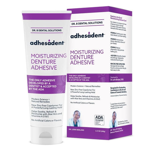 Dr. B Dental Solutions Adhesadent Moisturizing Denture Adhesive - Secure Denture Glue with Strong Grip & Natural Taste - Zinc-Free Dental Adhesive for Dentures, Overdentures - 2.4 oz (2 Pack)