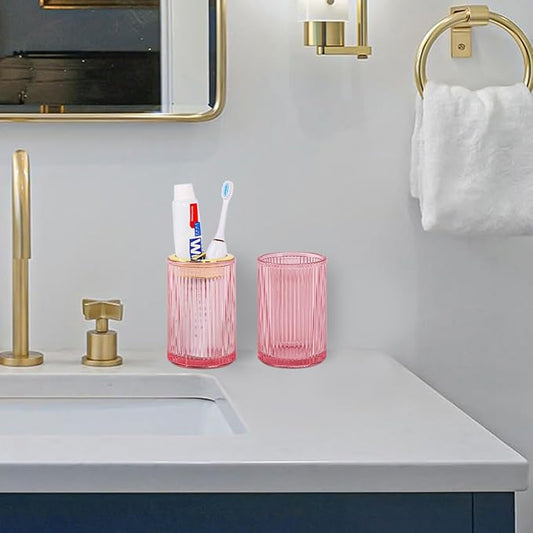 Pink Toothbrush Holders for Bathrooms, 2pcs Glass Toothbrush Holder, 12oz Gold Bathroom Tumbler Cup and Mouthwash Cup, Tooth Brush Cups and Toothpaste Organizer for Bathroom Countertop Decor