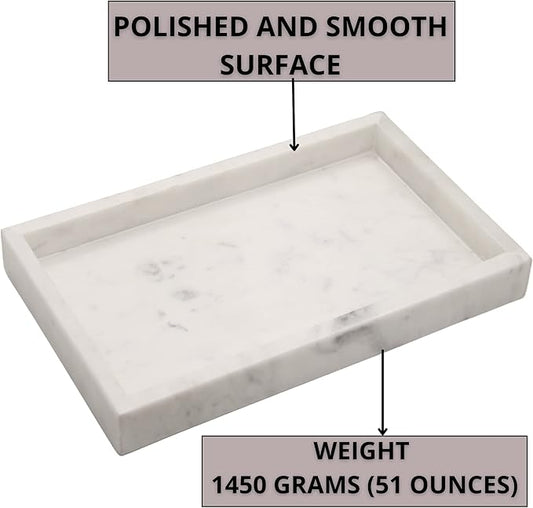 Natural White Marble Tray for Bathroom | Kitchen | Vanity | Desktop, Stone Organizer for Coffee Table, Dresser, Nightstand, Candles, Soap, Towel, Plant, Jewelry (10" x 6"), Rectangular