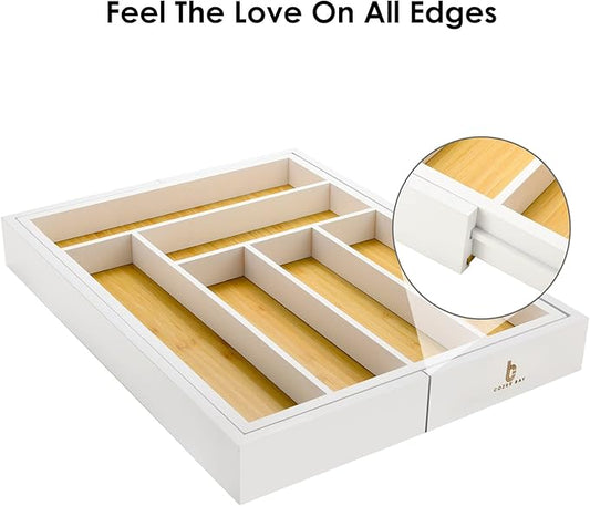 Cozee Bay Bamboo drawer organizer, utensil holder, silverware organizer, and adjustable cutlery tray with drawer dividers, for kitchen, office desk, and bathroom storage (White)