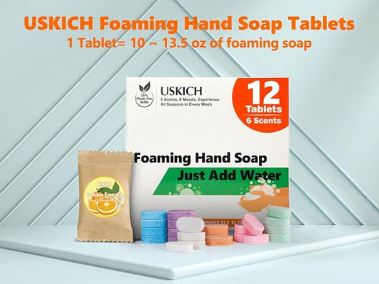 USKICH Foaming Hand Soap Tablet Refills -12Pack | Eco Friendly Products & Cleaning Supplies | Variety Fragrance Soap Refills Tablets for Using With Foaming Hand Soap Dispenser (12 x 8 Fl oz bottles)
