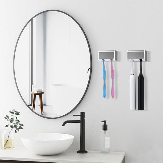 2 PCS Toothbrush Holders Wall Mounted with Cover, Electric Tooth Brushing Holder for Bathroom, 2 Slots Self Adhesive Toothbrush Organizer for Family, Kids (2, Brushed Silver)
