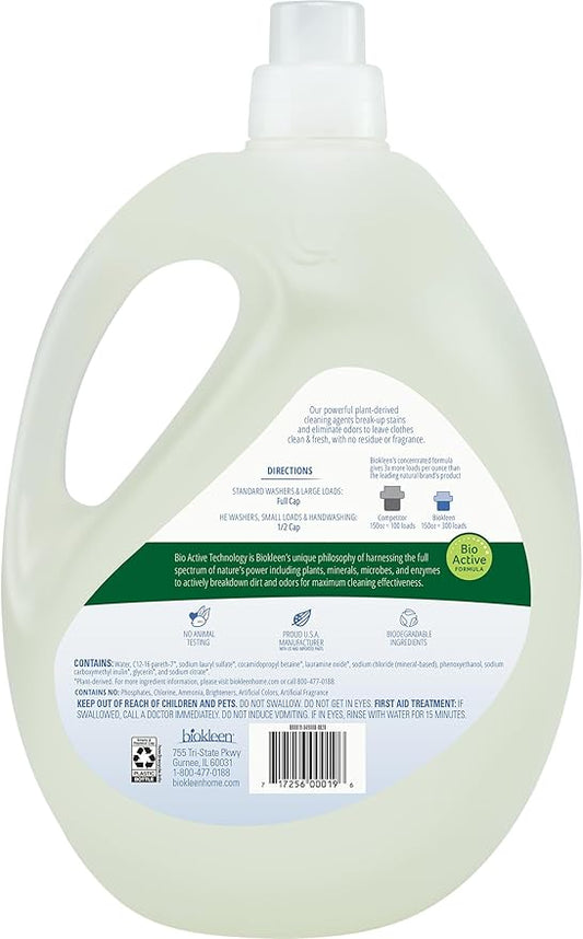 Biokleen Free & Clear Natural 3X Concentrated Liquid Laundry Detergent, 300 Loads, Plant-Based, Hypoallergenic, Removes Stains & Fights Odors, Dye Free, Unscented