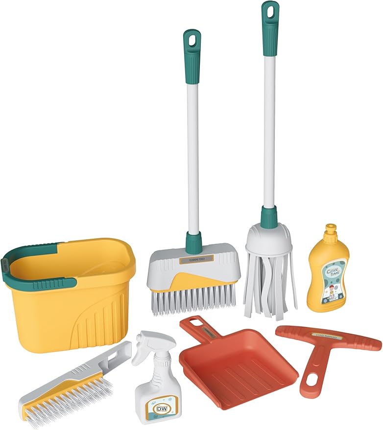 8-Piece Cleaning Playset for Toddlers - Broom, Mop, Pail, Dustpan, Brush, Squeegee, and Pretend Bottles - Perfect for Imaginative Play and Skill Building