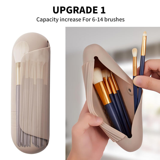 2 IN 1 Silicone Makeup Brush Holder with Beauty Make Up Sponge Holder Case:Soft Portable Cosmetic Face Brushes Holder with Upgrade Anti-Fall Out Magnetic Closure - Walnut
