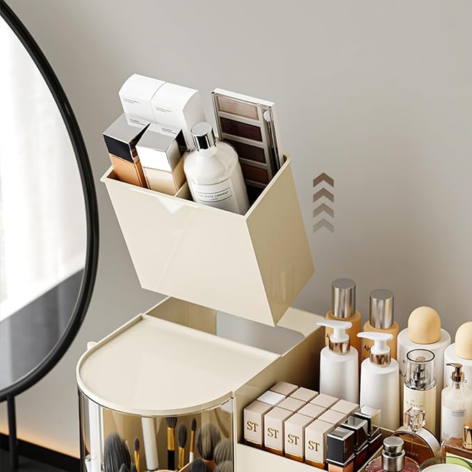 Makeup Organizer with Rotating Brush Holder Cosmetic Organizer with Drawers Countertop Skincare Organizer for Vanity,Cosmetic Display Case Storage (Cream, Large)