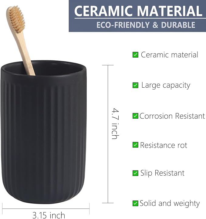Matte Black Toothbrush Holders for Bathrooms - Black Ceramic Bathroom Tumbler Cups Reusable Toothbrush Cup Black Mouthwash Cup, 2 Cups Toothbrush Toothpaste Holders Set, Bathroom Counter Organizer