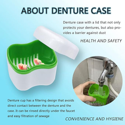 Denture Cup Kit, 2 Denture Case with 2 Denture Toothbrush & 2 Portable Toothbrush Box, Denture Cups for Soaking Dentures, Denture Cleaning Kit for Travel