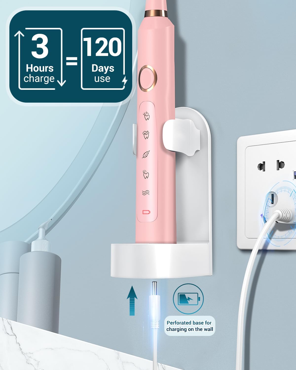 Rtauys M5 Sonic Electric Toothbrush for Adults and Kids - Rechargeable Electric Toothbrush Kids Ages 12+ and Adults with 8 Brush Heads & Travel Case, 120 Days Battery Life - Pink