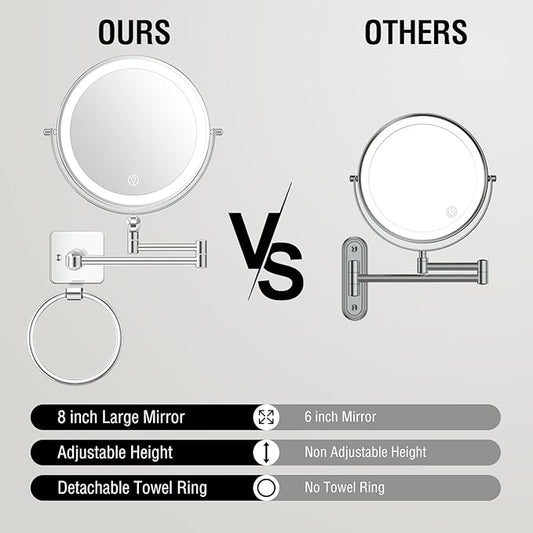 10x Large Wall Mounted Makeup Mirrror, Height Adjustable Lighted Mirror, 8" Double Sided Mirror, 1X/10X Magnifying Bathroom Mirror, 360° Rotation Adjustable, Detachable Ring, 3 Color Lights