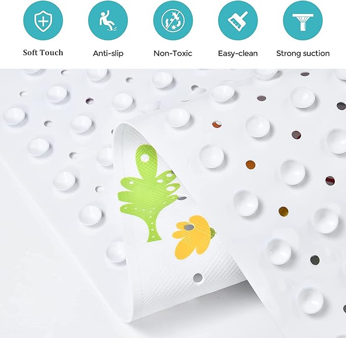 Bath Mat for Tub for Kids Dinosaur Non Slip Bathtub Mat for Baby Toddler 40X16 Inch Long Anti Skid Bathroom Shower Mat with Suction Cups & Drain Holes