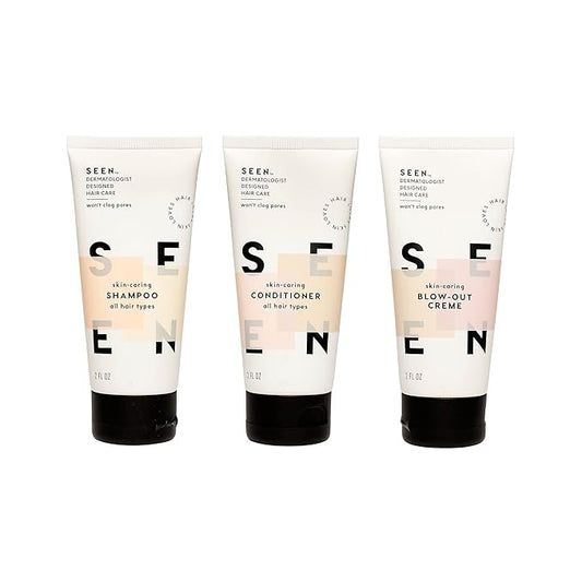 SEEN Travel Trio - Scented - Non-Comedogenic & Blow-Out Hair Cream, Shampoo & Conditioner Set- Reduces Frizz- Heat Protectant- Safe for Sensitive & Acne Prone Skin