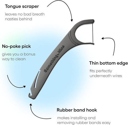 SOMETHING NICE Versa Floss Picks for Braces - Mint Flavored Flossers with Rubber Band Hook & Tongue Scraper, Braces Floss Picks with Xylitol for Protection 90-Pack
