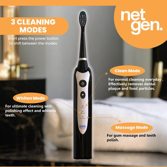 Sonic Electric Toothbrush for Adults with 5 Toothbrush Replacement Heads, 3 Brushing Modes & 2 Minutes Built-in Timer, Travel Toothbrushes with Inductive Charging, Rechargeable toothbrush | Black