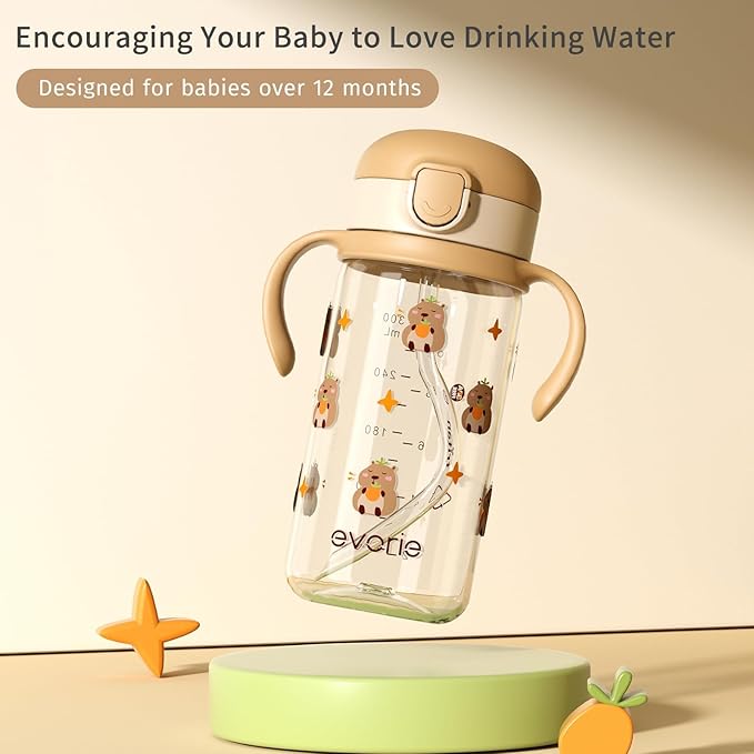 Evorie Tritan Spill Proof Toddler Straw Sippy Cup, 10 oz for Baby and Toddlers 1-3 Years Old, No Spill Straw Water Bottle with Removable Handles, Ideal for School, BPA-Free, Capybara (NEW)