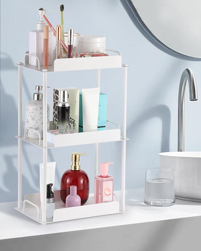 KATHY&BOB Bathroom Countertop Organizer, Make-up Desk Organization, Dressing Shelf Desktop Storage for Bathroom Cosmetic Dorm Kitchen Living Room, Multipurpose Cubicle Display Rack (White, 3 Tiers)