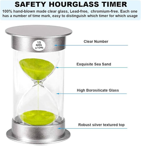 Sand Timer 15 Minute Hourglass Timer, Silver Plastic Sand Clock 15 minutes, Hour Glass Sandglass Timer for Kids, Games, Classroom, Kitchen, Decorative (15 Min, Green Sand)