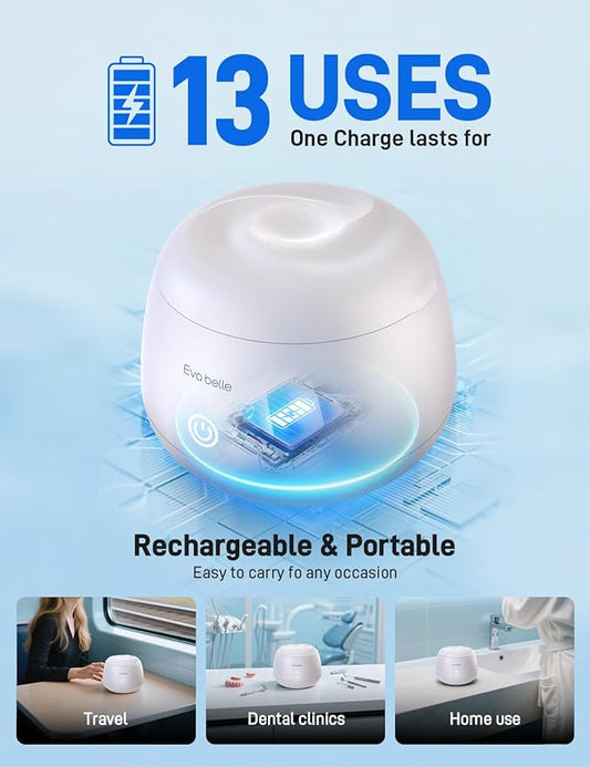 Ultrasonic Retainer Cleaner, EVA BELLE Rechargeable Denture Cleaner Machine, Tooth Cleaner MouthGuard Cleaner, Portable Retainer Cleaner for Night Guards, Braces, Aligner, Toothbrush, Jewelry and More