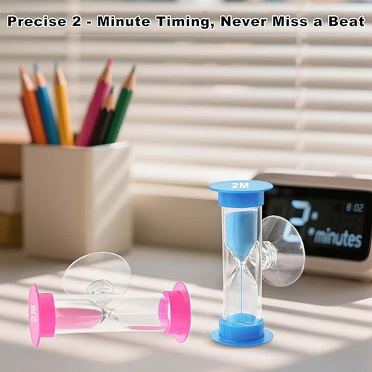 2 Minute Sand Timer with Sauction Cup, Small Blue and Pink Acrylic Hourglass Sand Clock Set, Plastic Glass Mini Sandglass for Classroom Games Kitchen (Pack of 2)