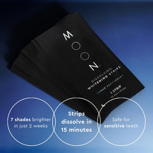 MOON Dissolving Teeth Whitening Strips, 14 No Rinse White Strips, Peppermint, Hydrogen Peroxide & Essential Oils, Whiten Sensitive Teeth up to 7 Shades in 2 Weeks, Travel Essentials, Vegan Oral Care