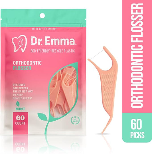 Dr. Emma Orthodontic Flossers for Braces, Ortho Dental Floss Picks, Mint Flavor 60 Count/Bag (Pink, 2pack)